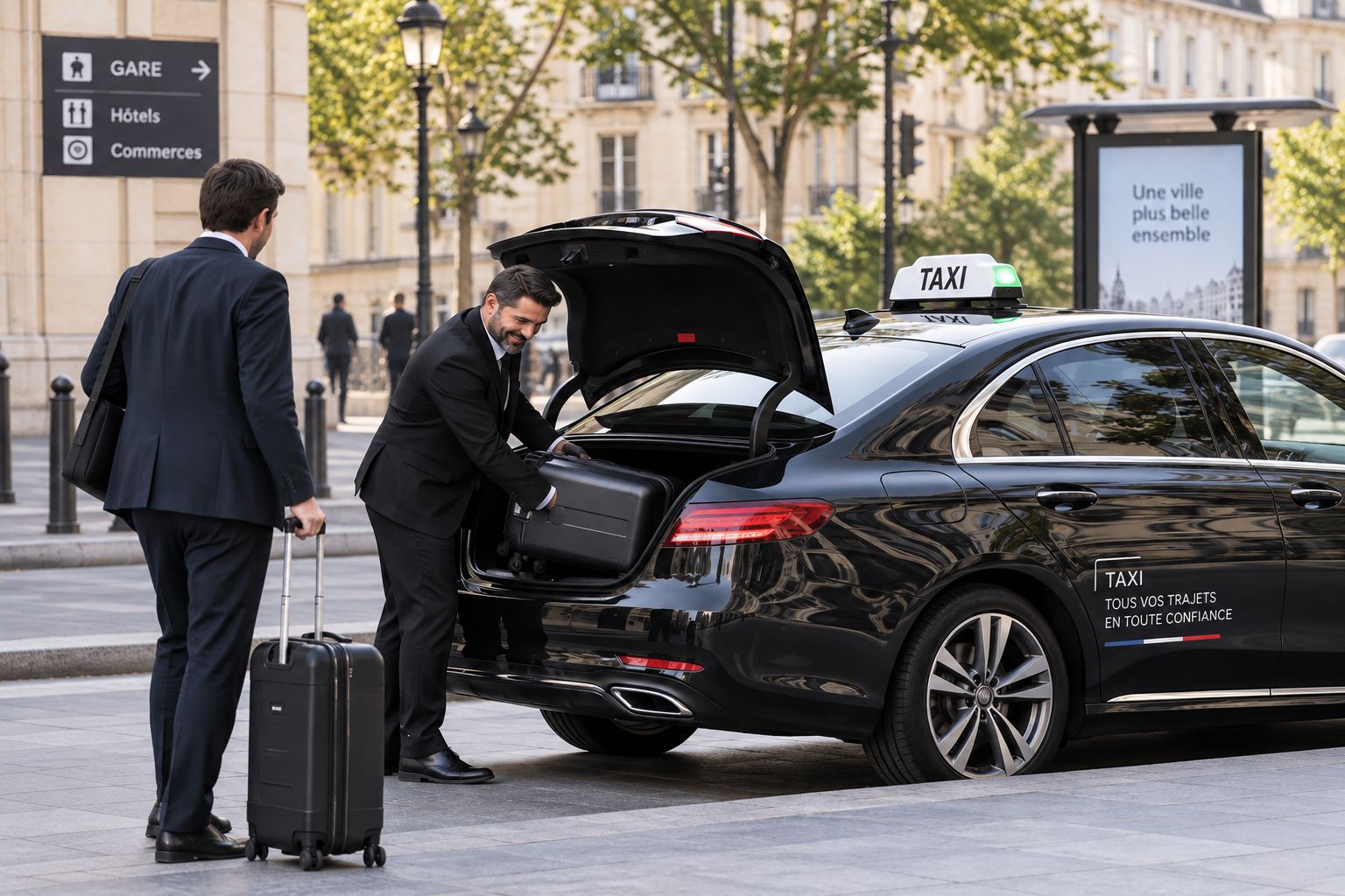 Chauffeur de taxi rangeant la valise d’un client dans le coffre d’une berline noire devant une gare